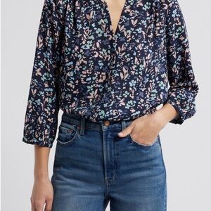 NYDJ Navy Floral Pintuck Blouse NWT